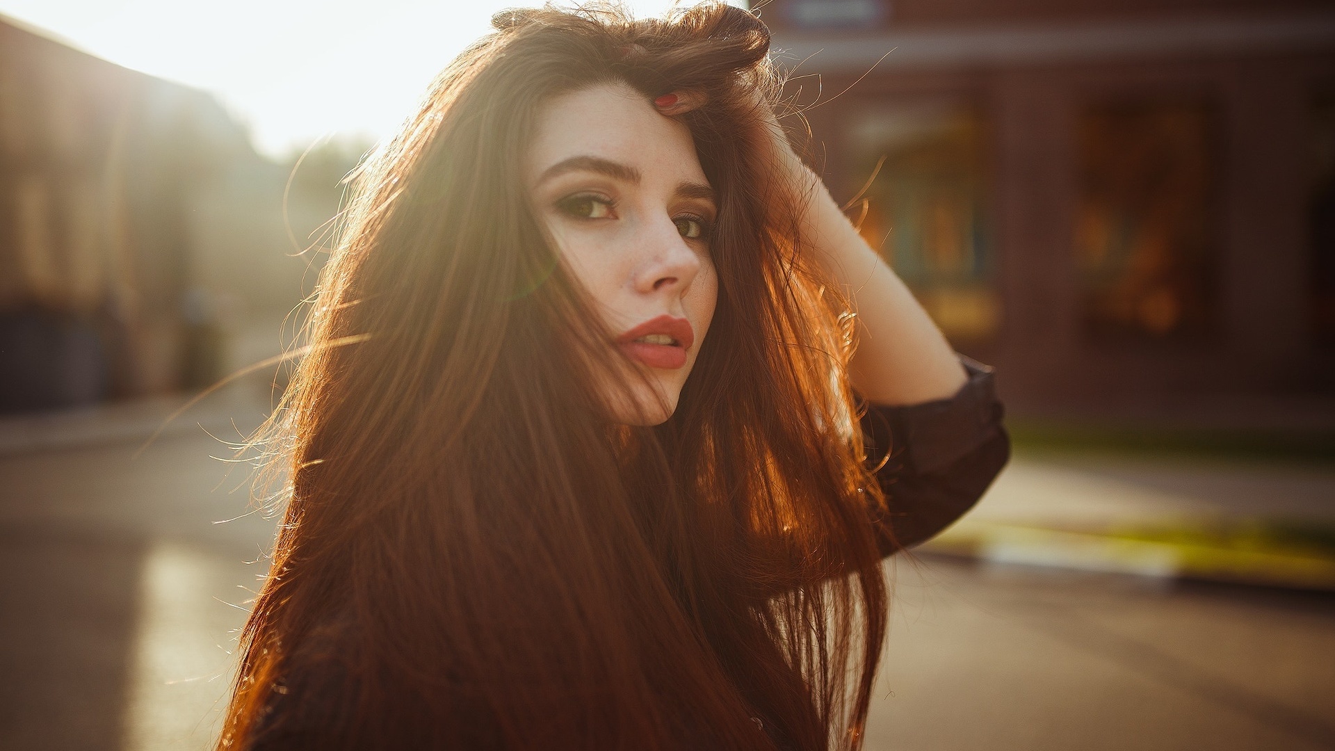 women, face, portrait, red nails, women outdoors, depth of field, , , , ,  ,   