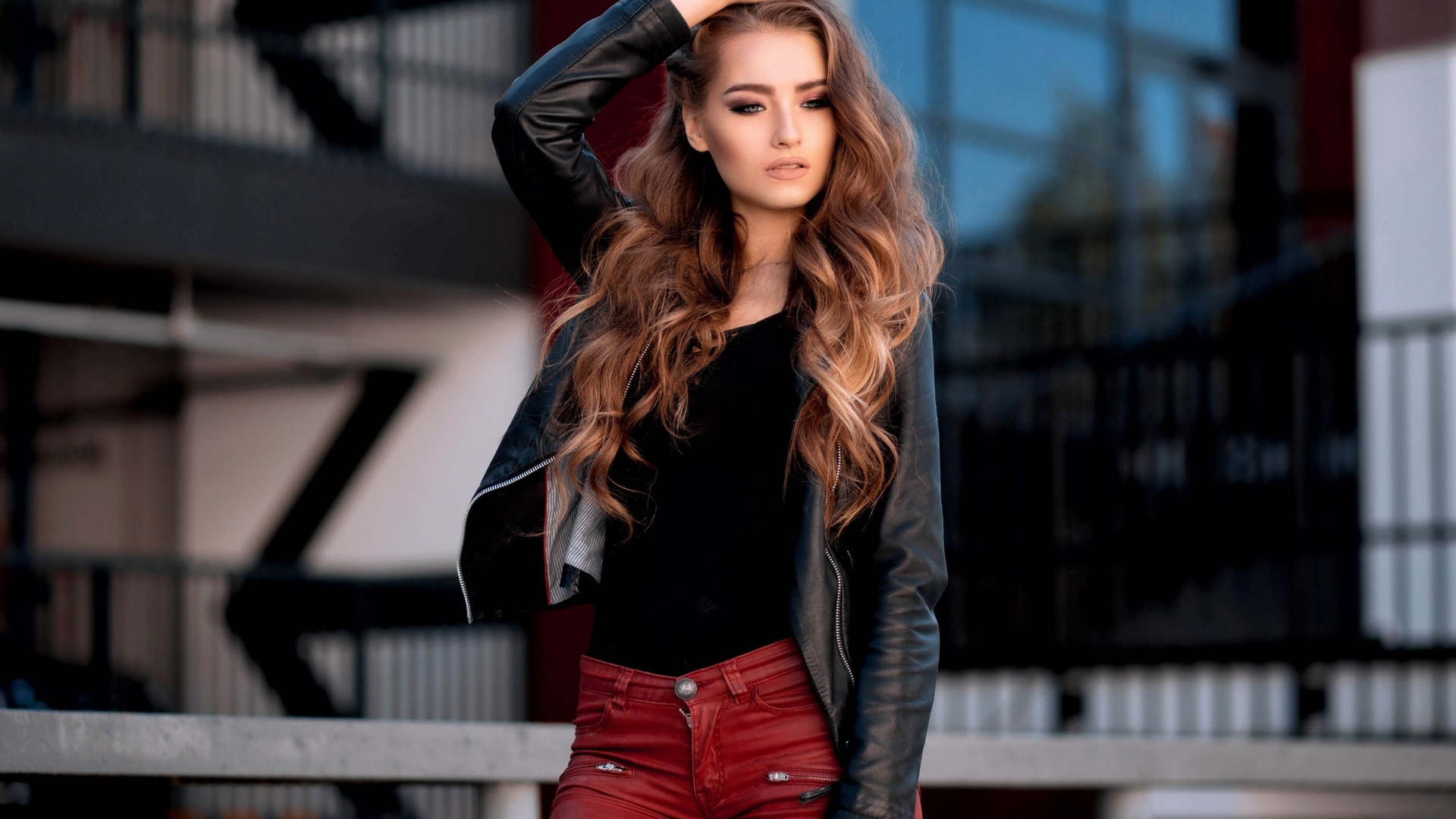 women, portrait, women outdoors, pants, leather jackets, , ,   , , , ,   