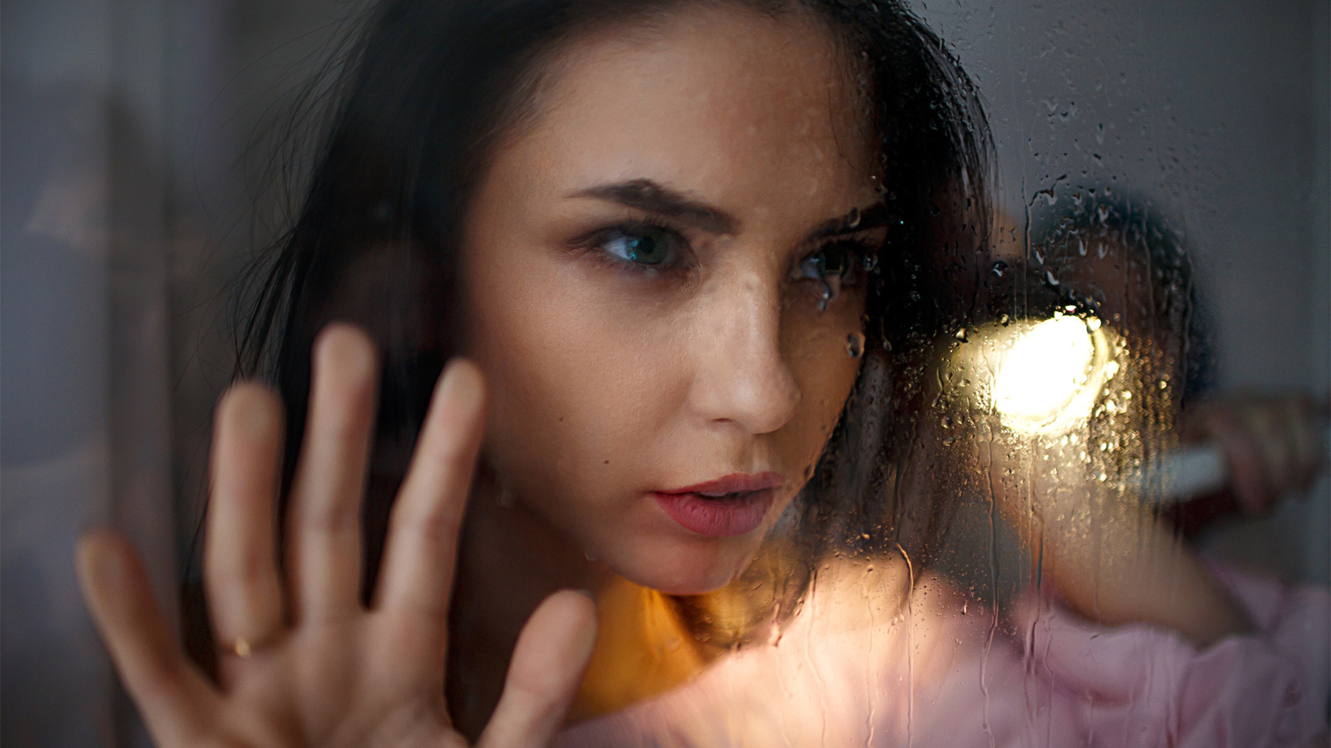 women, portrait, glass, water drops, looking away, , , ,  ,  ,   