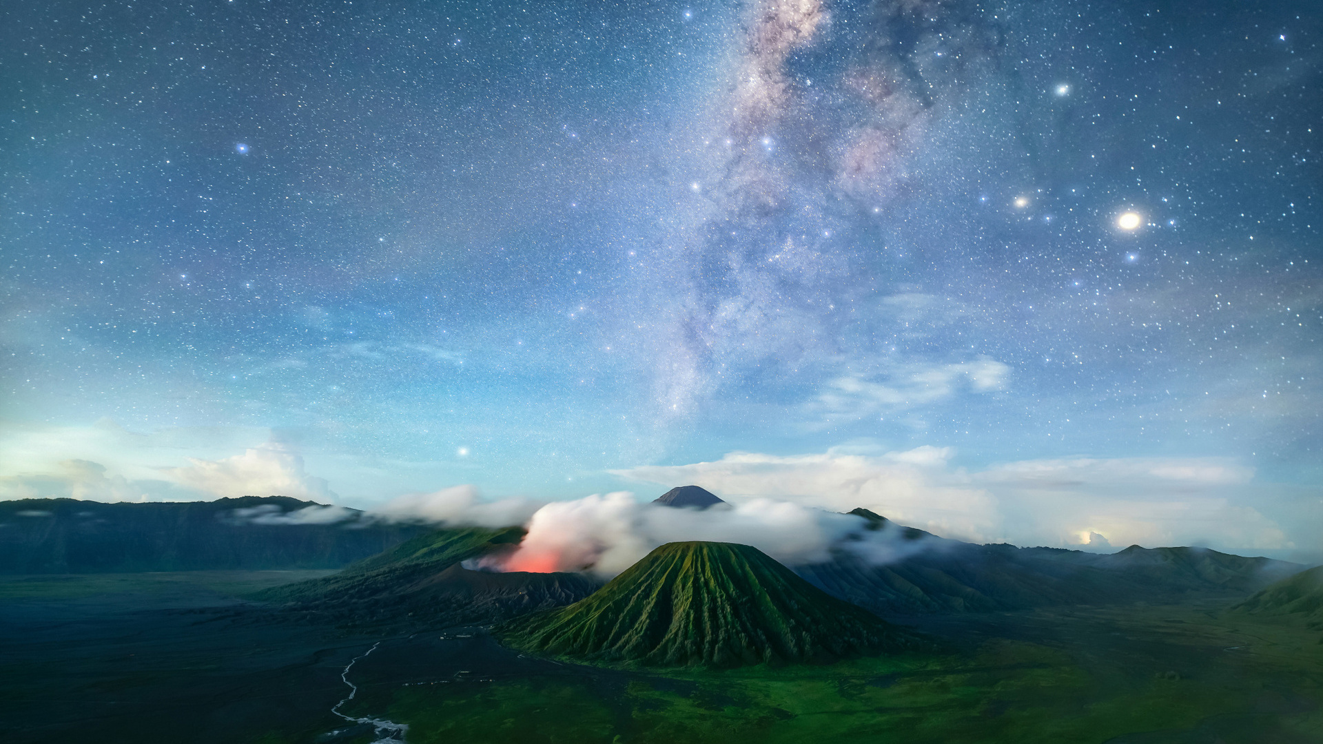 bromo, volcano, java, tenger, night, milky way, stars, indonesia