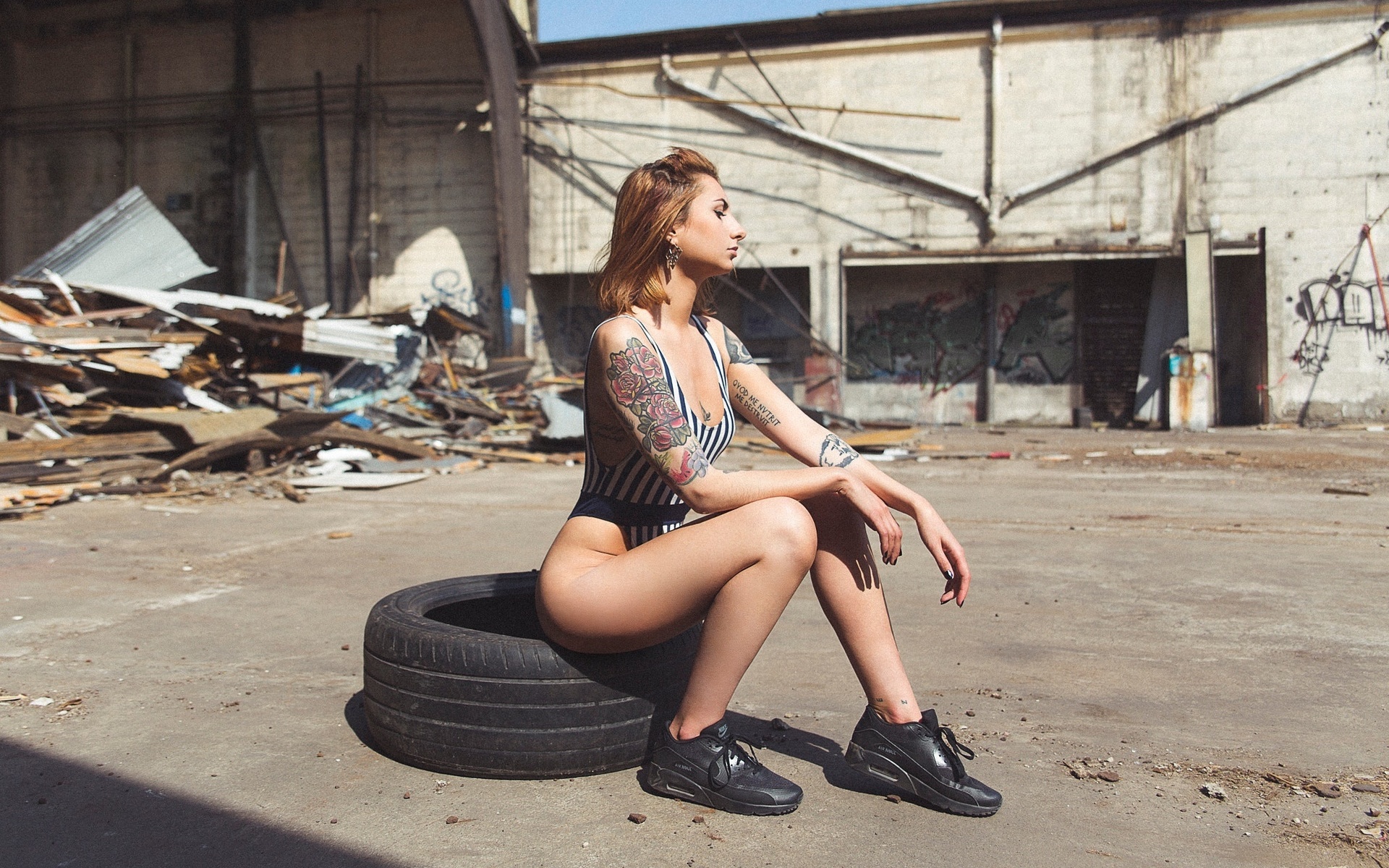 women, blonde, sitting, brunette, sneakers, tattoo, leotard, monokinis, tire, ass, women outdoors, black nails, , , , , , , , , ,   