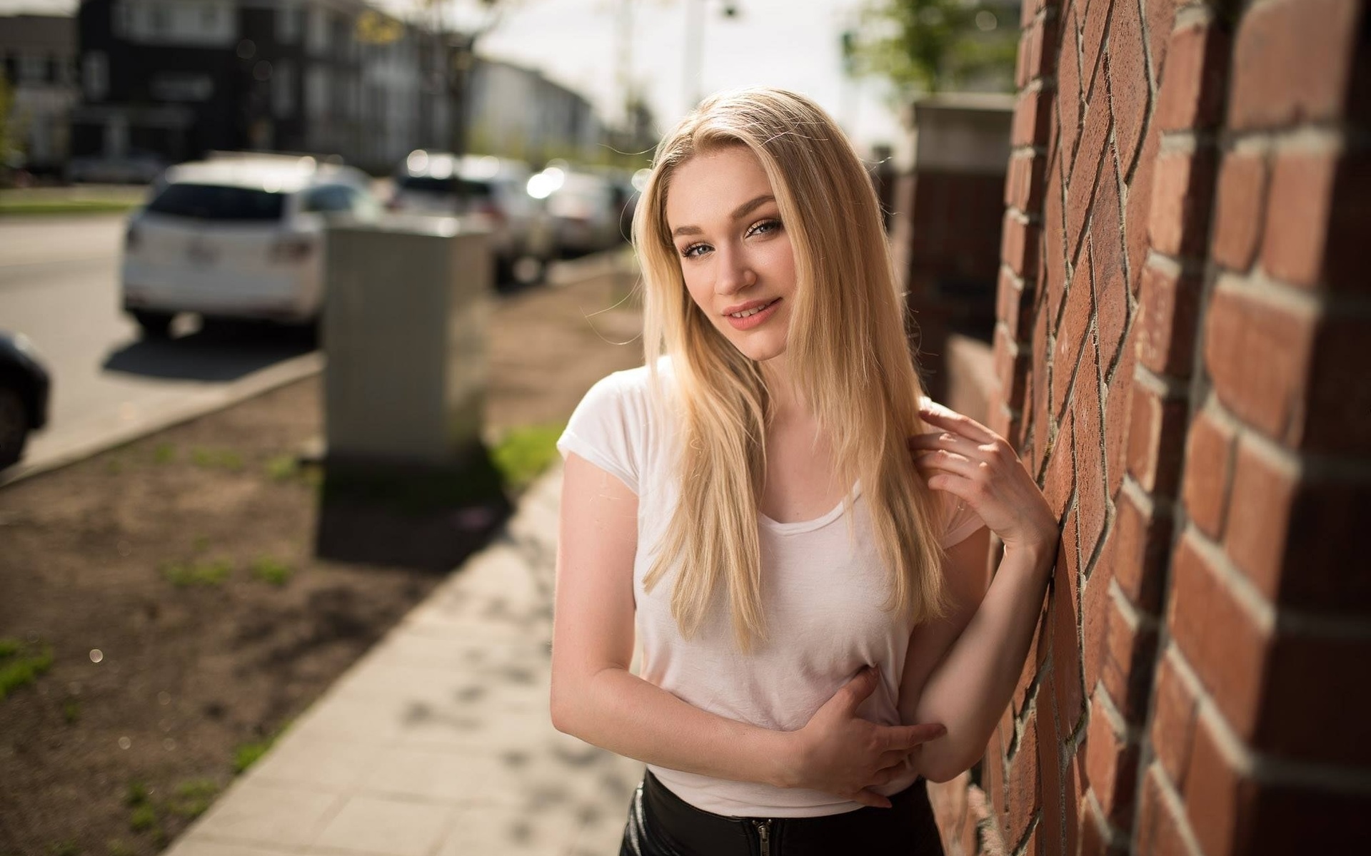 women, blonde, portrait, smiling, women outdoors, depth of field, , , , ,   ,   