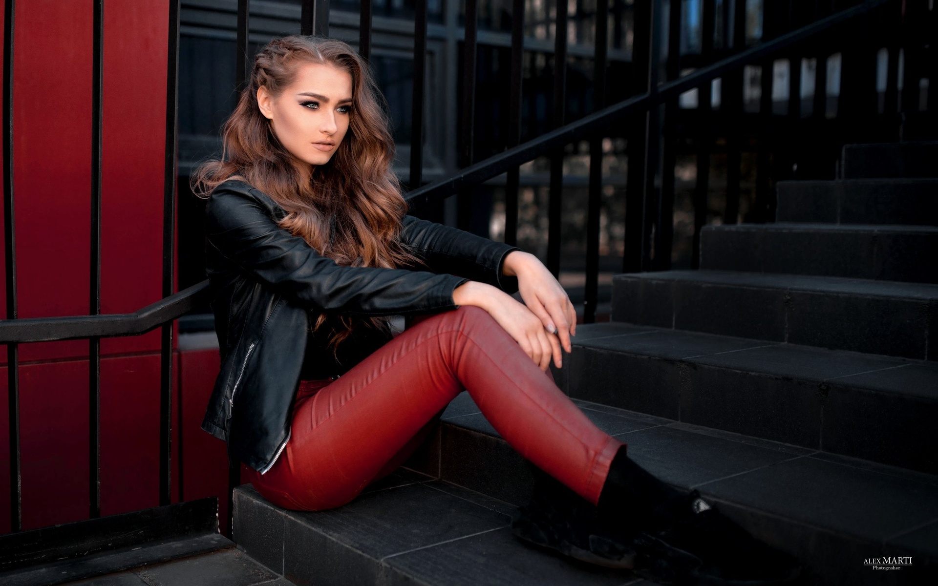 women, portrait, women outdoors, pants, leather jackets, sitting, , , , ,   , , 