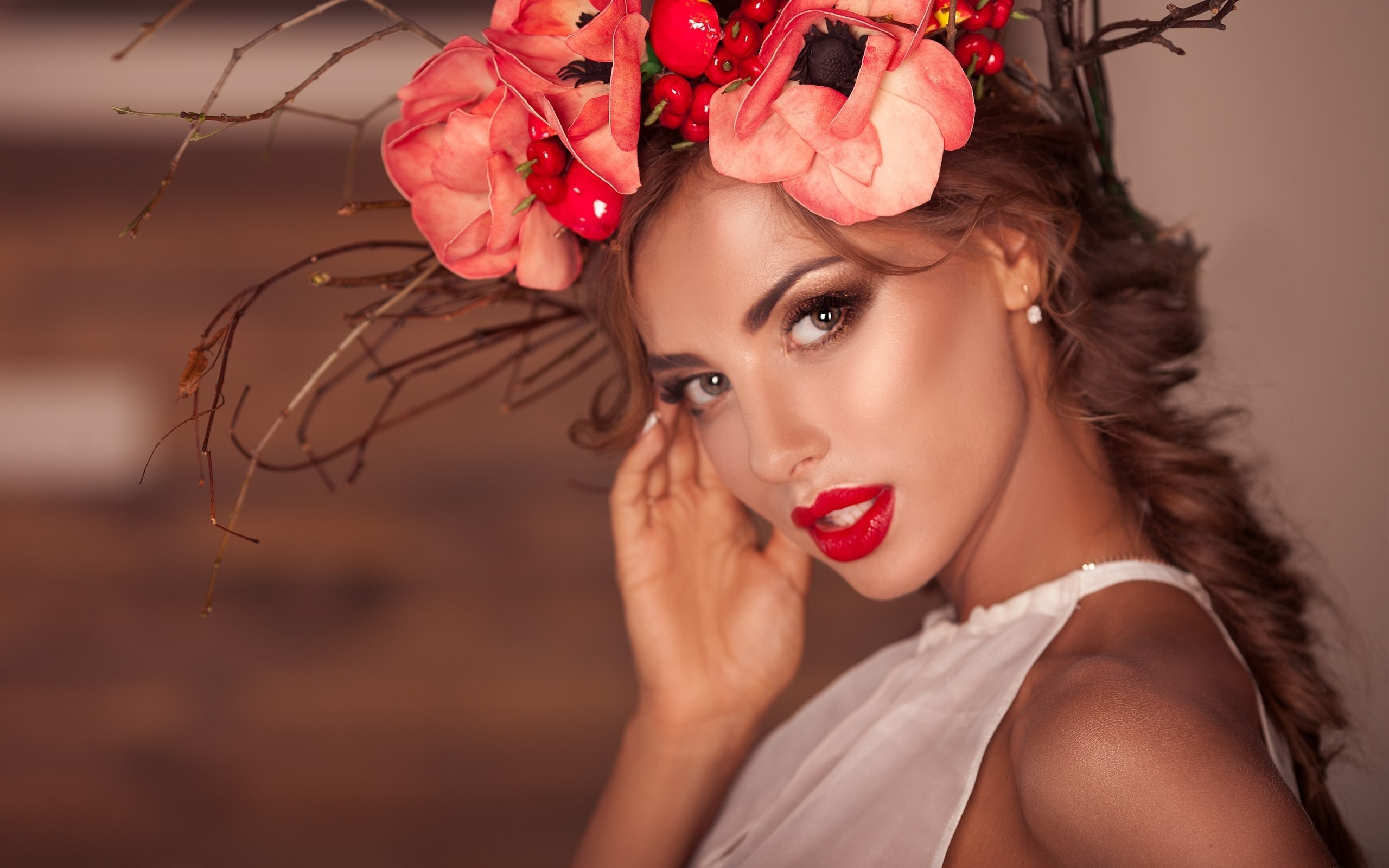 women, tanned, face, portrait, flowers, red lipstick, depth of field, pigtails, , , , ,   , ,  , , katerina rubinovich,