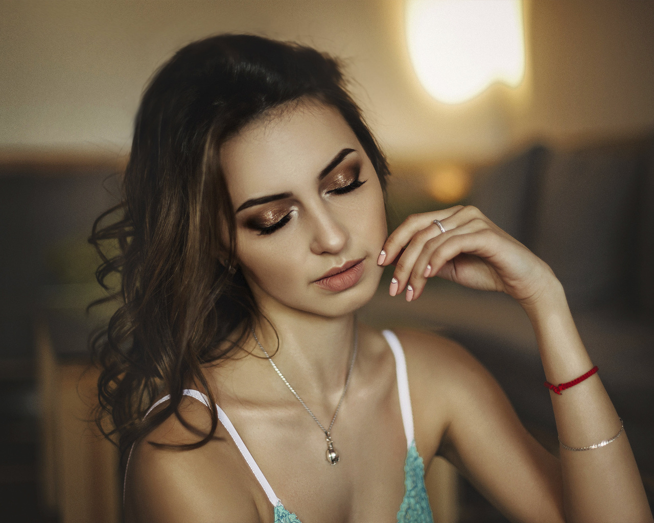 women, blonde, portrait, lingerie, face, closed eyes, depth of field, necklace, brunette, , ,  , ,  , 