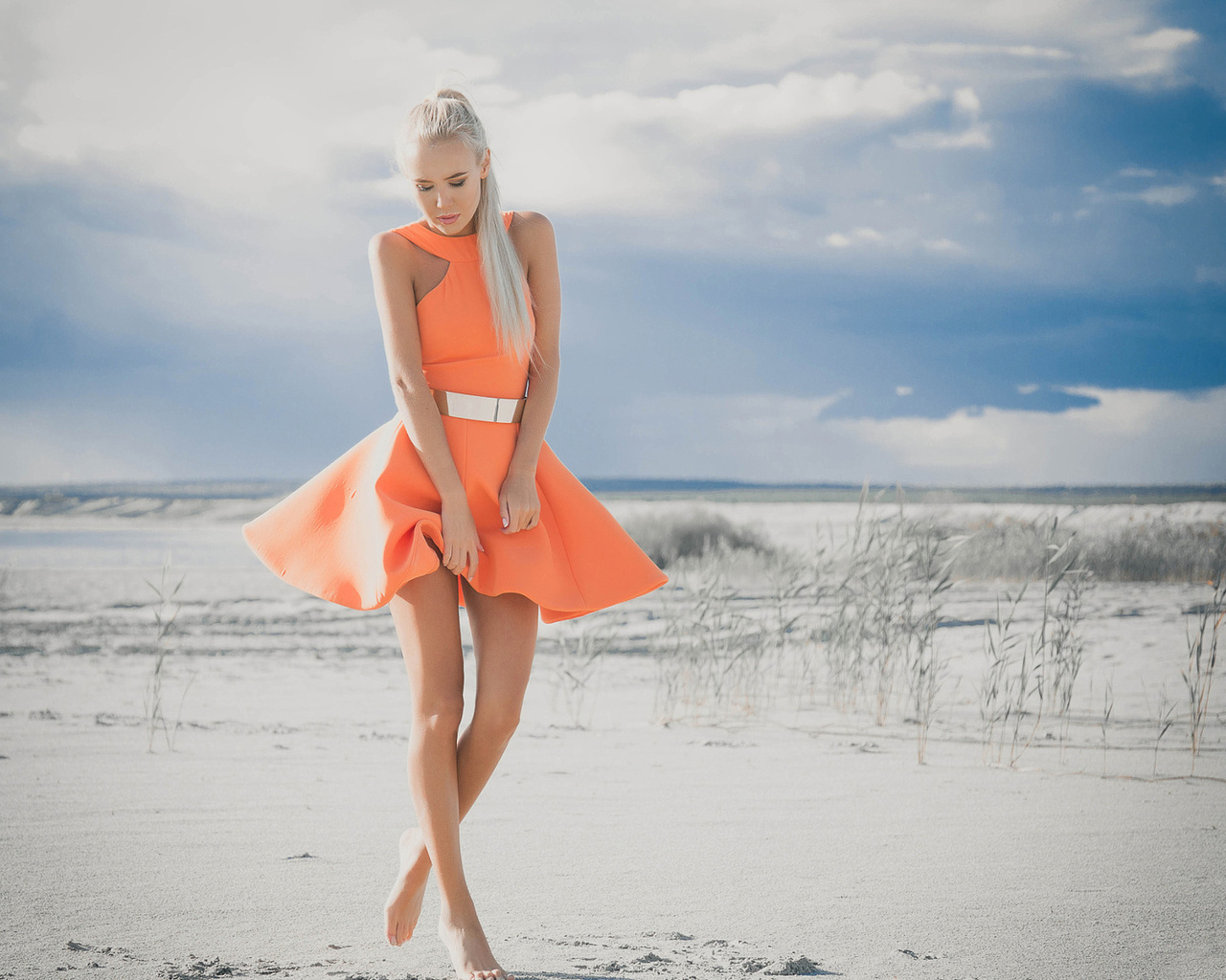 vera paceva, girl, sand, dress, legs, beach