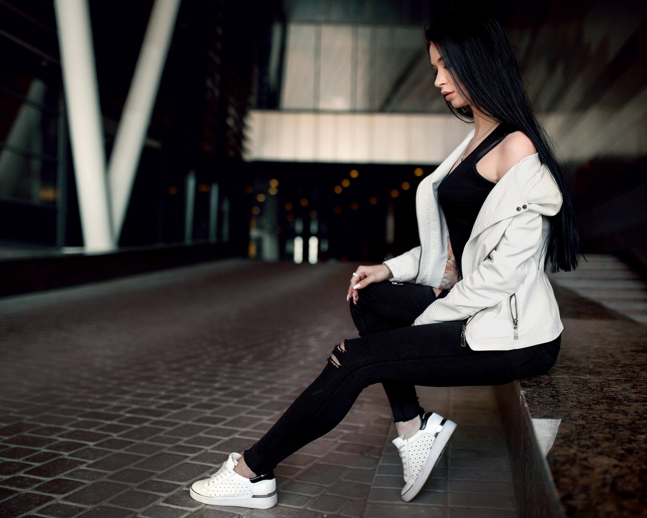 women, portrait, sitting, brunette, black hair, sneakers, t-shirt, depth of field, sweater, pants, black clothing, , , , ,  , , , ,  