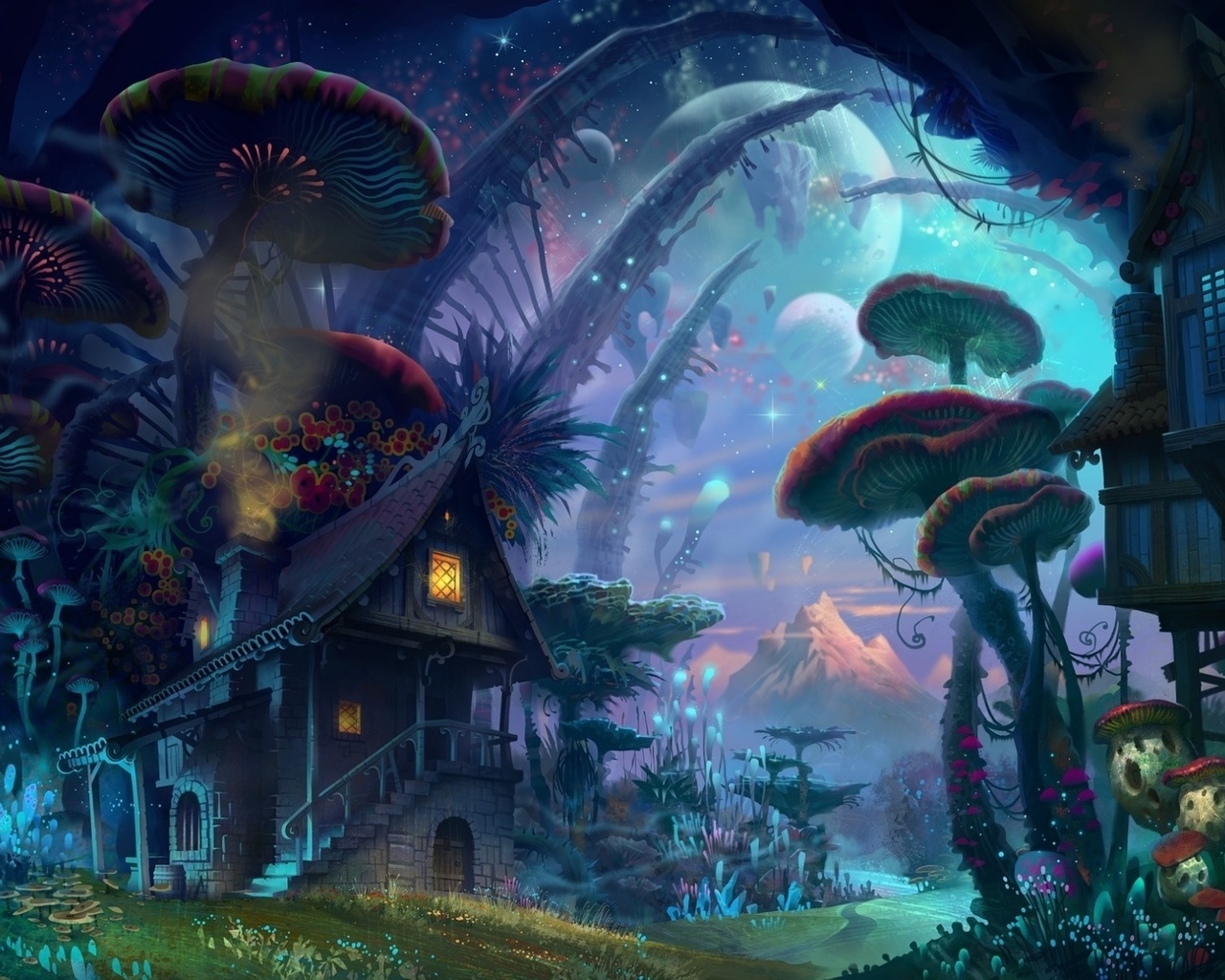 fantasy, house, mushroom, forest, moon