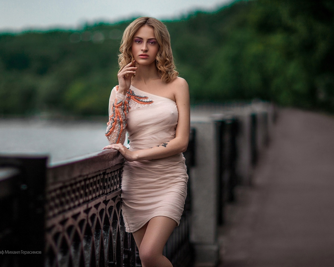 women, mihail gerasimov, blonde, depth of field, dress, nipple through clothing, portrait, tattoo, lips, 