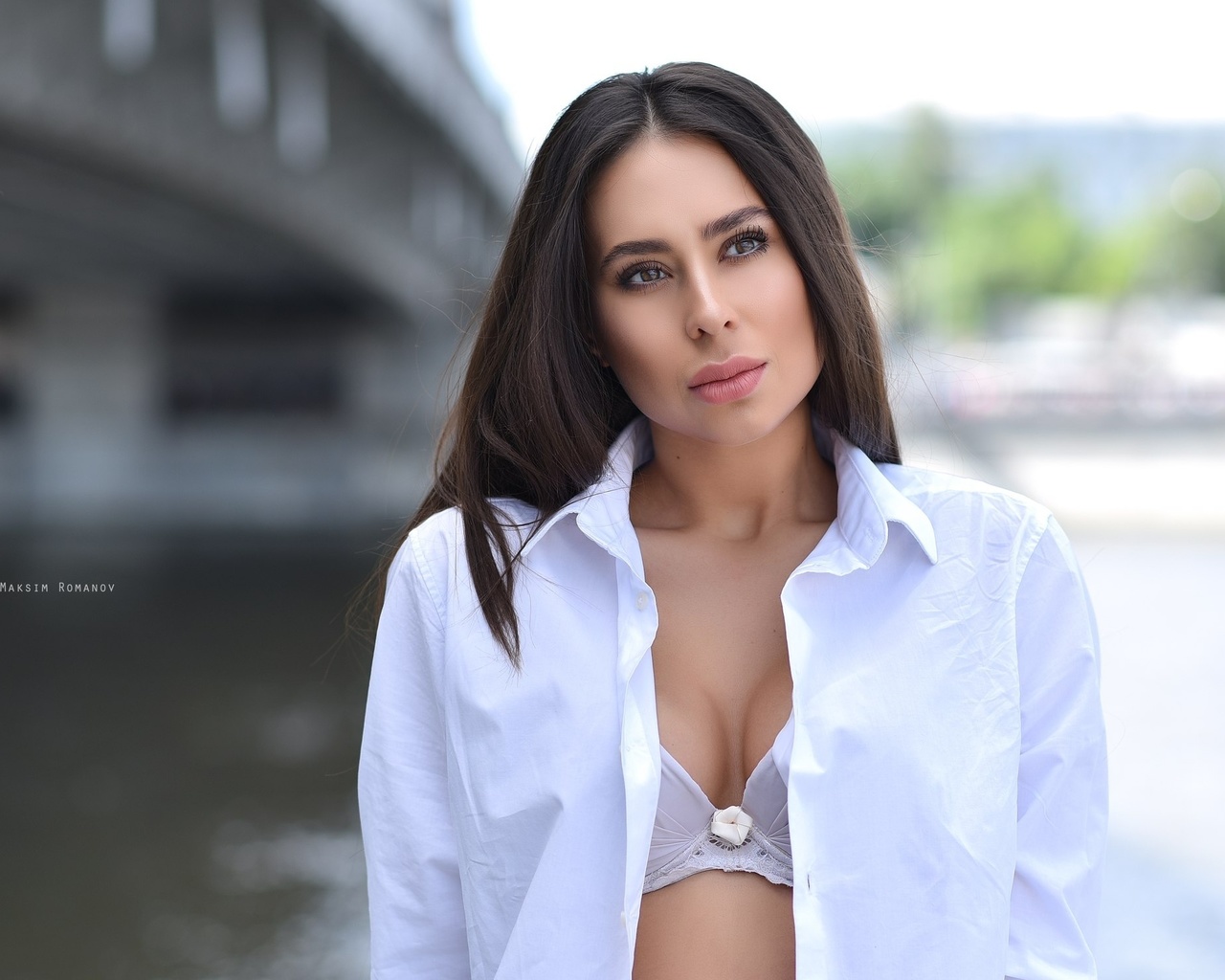 maksim romanov, women, portrait, white bra, shirt, depth of field, looking away, open shirt