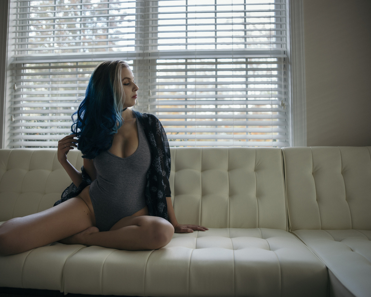 women, couch, sitting, dyed hair, brunette, leotard, looking away