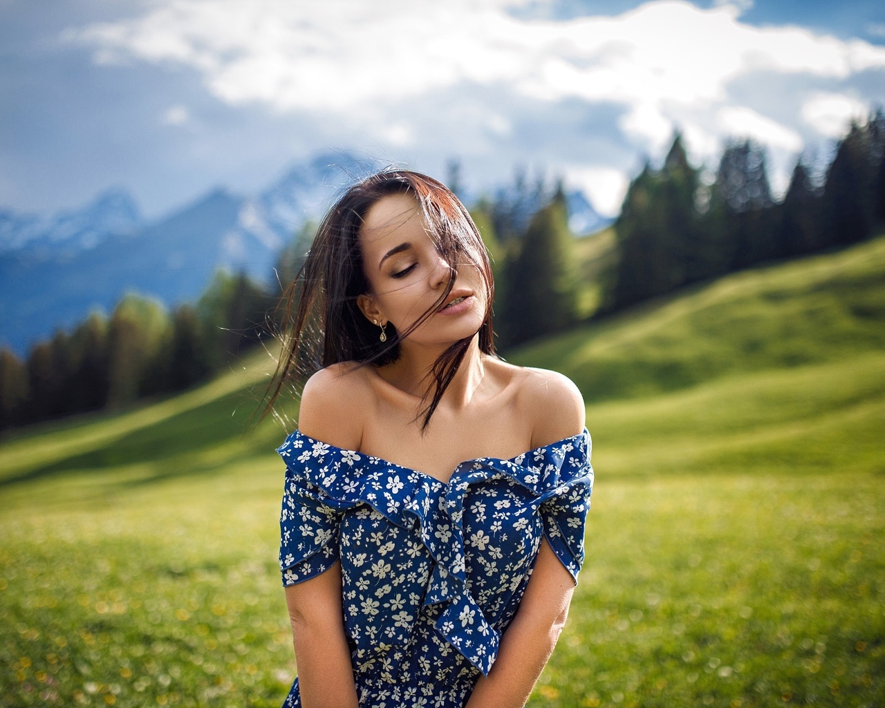 angelina petrova, women, closed eyes, denis petrov, portrait, depth of field, women outdoors