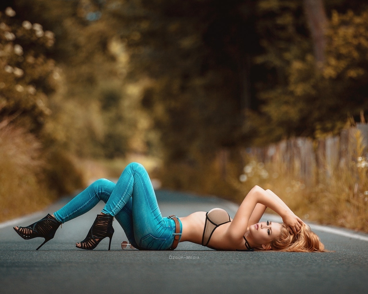 women, redhead, bra, women outdoors, jeans, road, trees, depth of field, high heels, hands in hair, side view, lying on back, , , 