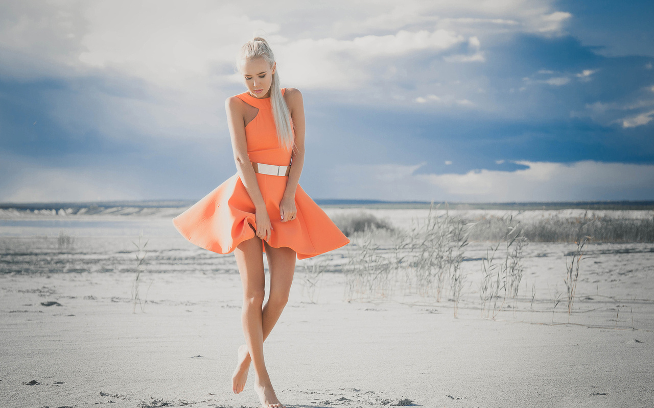 vera paceva, girl, sand, dress, legs, beach