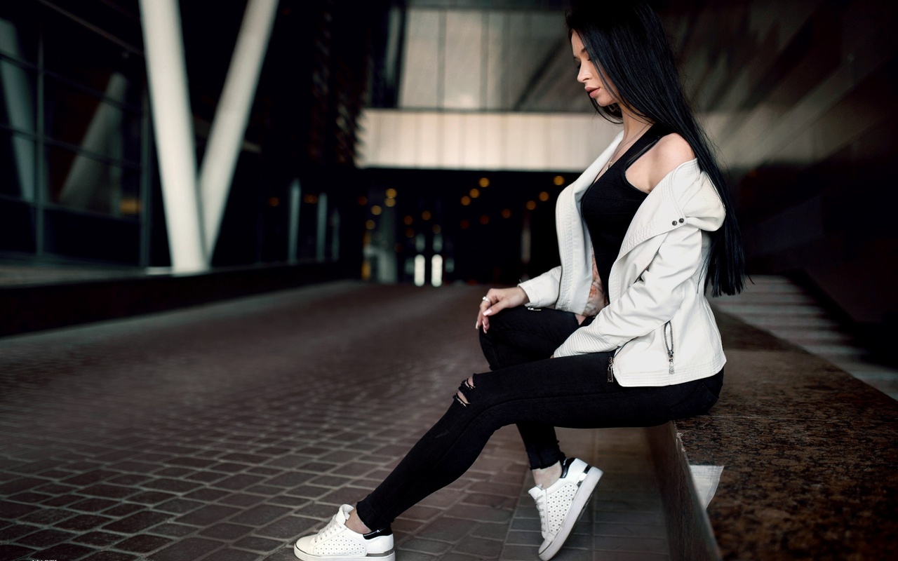 women, portrait, sitting, brunette, black hair, sneakers, t-shirt, depth of field, sweater, pants, black clothing, , , , ,  , , , ,  