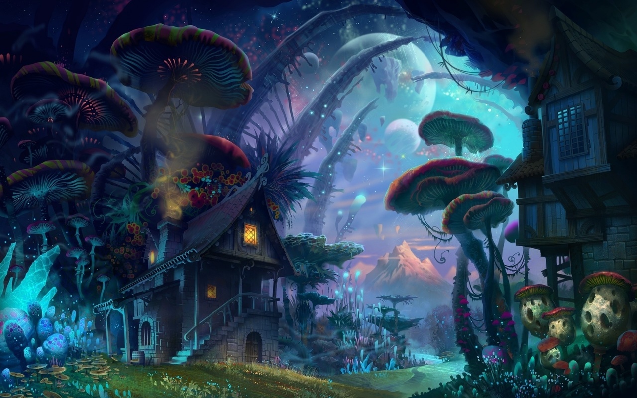 fantasy, house, mushroom, forest, moon