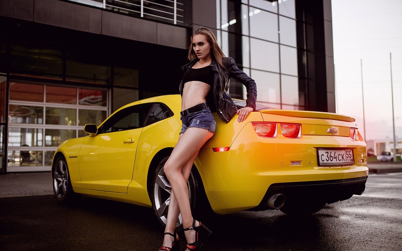 women, blonde, camaro, women outdoors, portrait, high heels, jean shorts, belly, leather jackets, brunette, depth of field, looking away, black top, car, , ,  , , ,  , , , , 