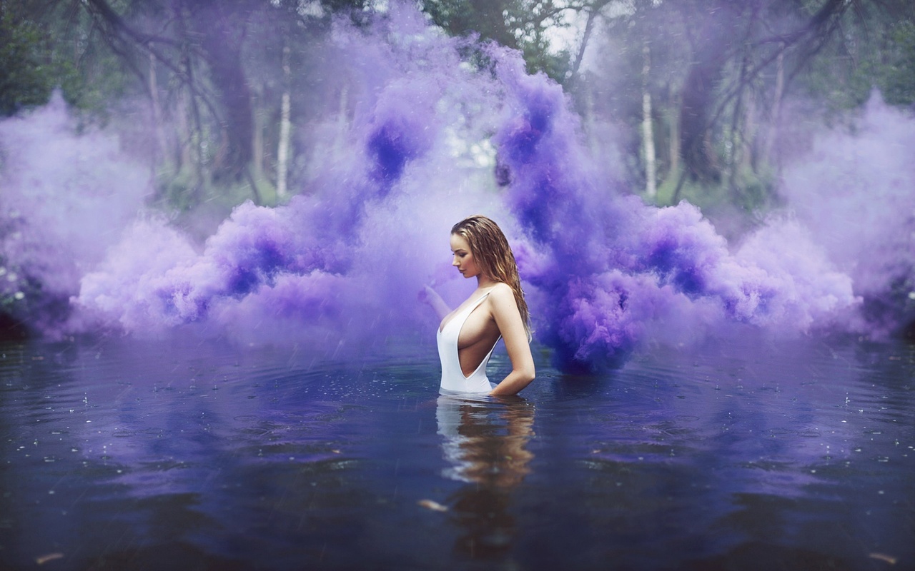 rain, pond, smoke, purple, girl