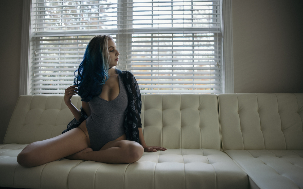 women, couch, sitting, dyed hair, brunette, leotard, looking away