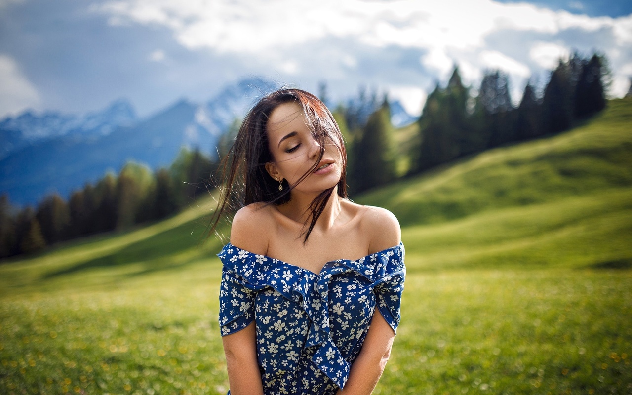 angelina petrova, women, closed eyes, denis petrov, portrait, depth of field, women outdoors