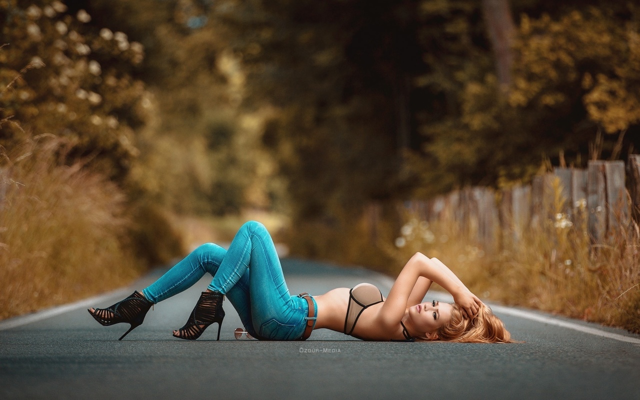 women, redhead, bra, women outdoors, jeans, road, trees, depth of field, high heels, hands in hair, side view, lying on back, , , 