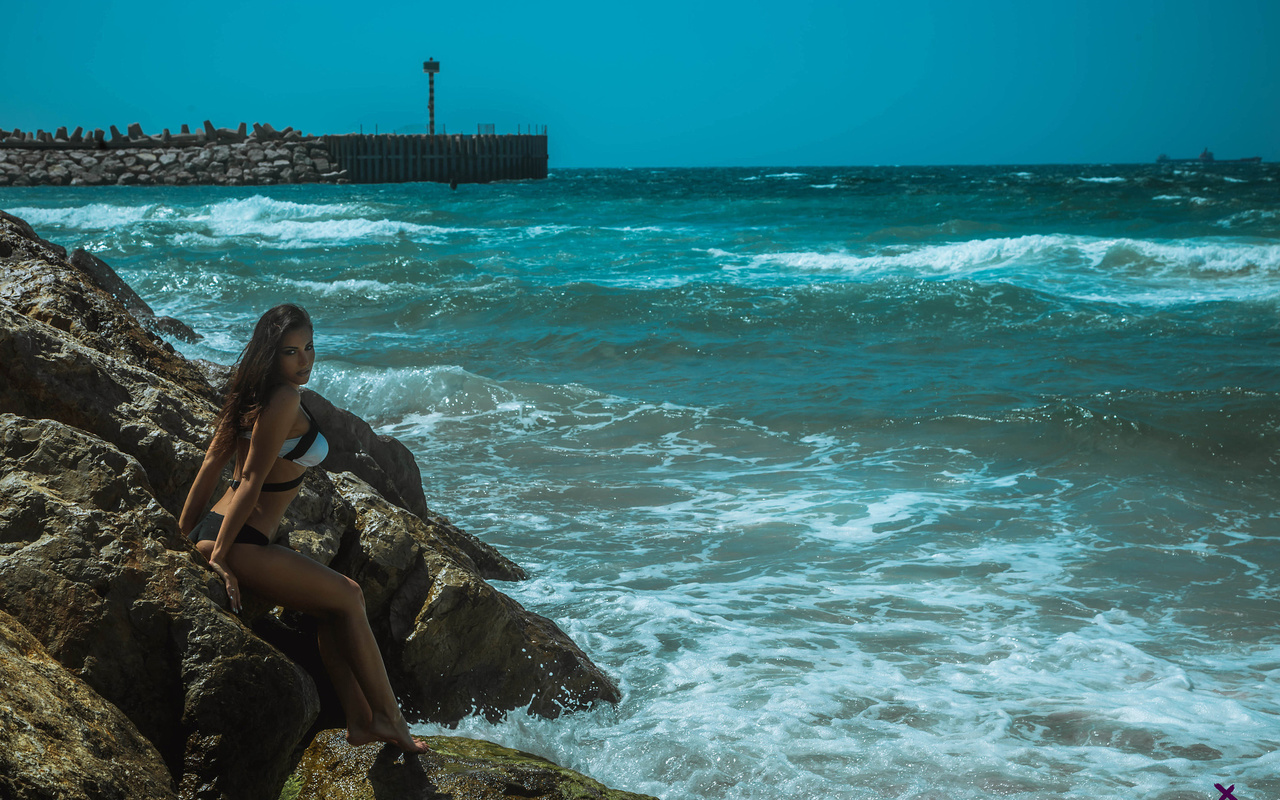 women, louis de navarre, tanned, sea, swimwear, rocks, ass, women outdoors