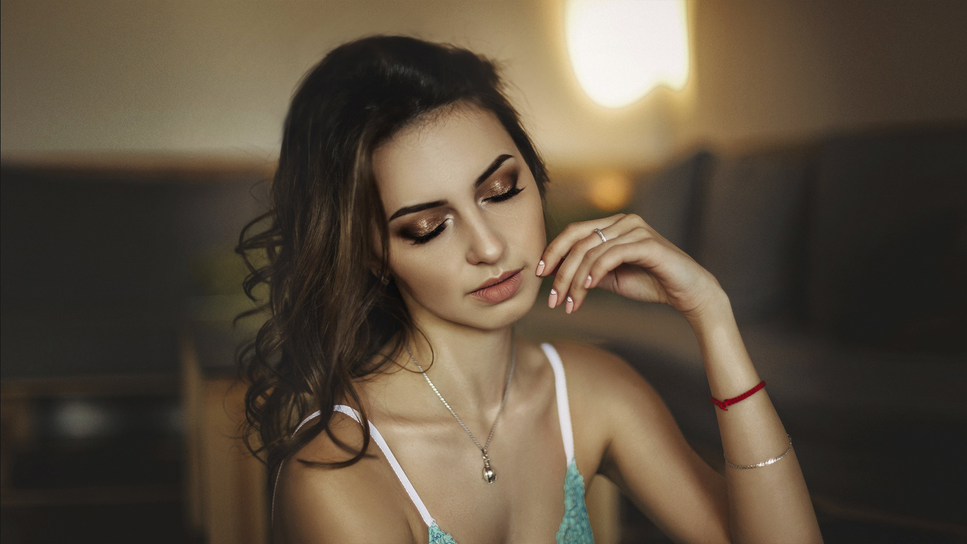 women, blonde, portrait, lingerie, face, closed eyes, depth of field, necklace, brunette, , ,  , ,  , 