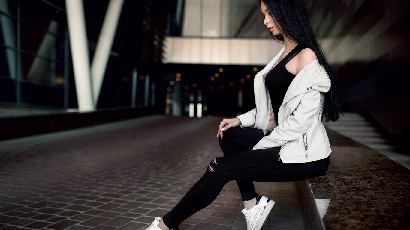 women, portrait, sitting, brunette, black hair, sneakers, t-shirt, depth of field, sweater, pants, black clothing, , , , ,  , , , ,  