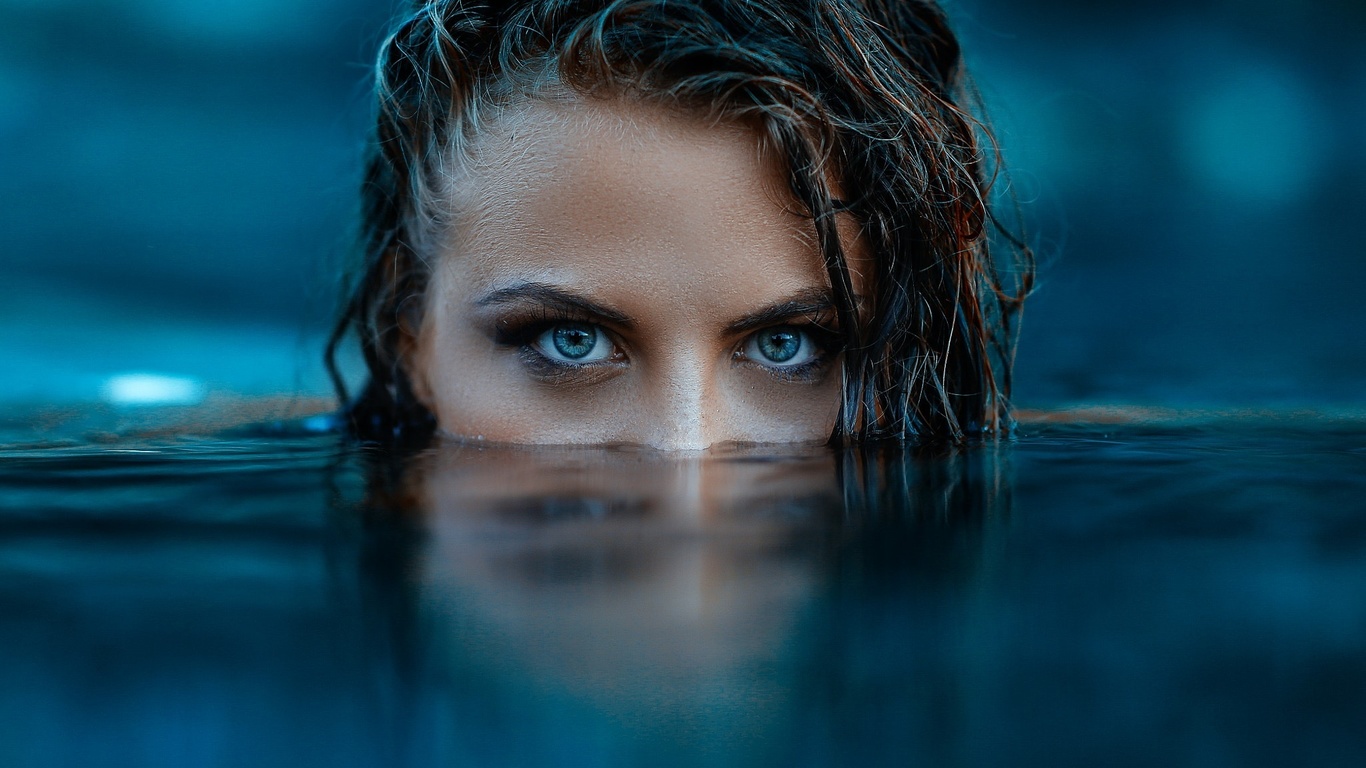 women, alessandro di cicco, face, water, blue eyes, depth of field, reflection, , , ,  , , 