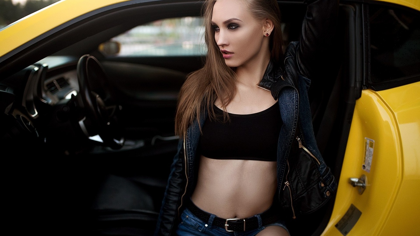 women, blonde, jean shorts, camaro, women outdoors, portrait, brunette, leather jackets, black top, car, belly, sitting, looking away, , ,  ,   , , , , ,  , , 