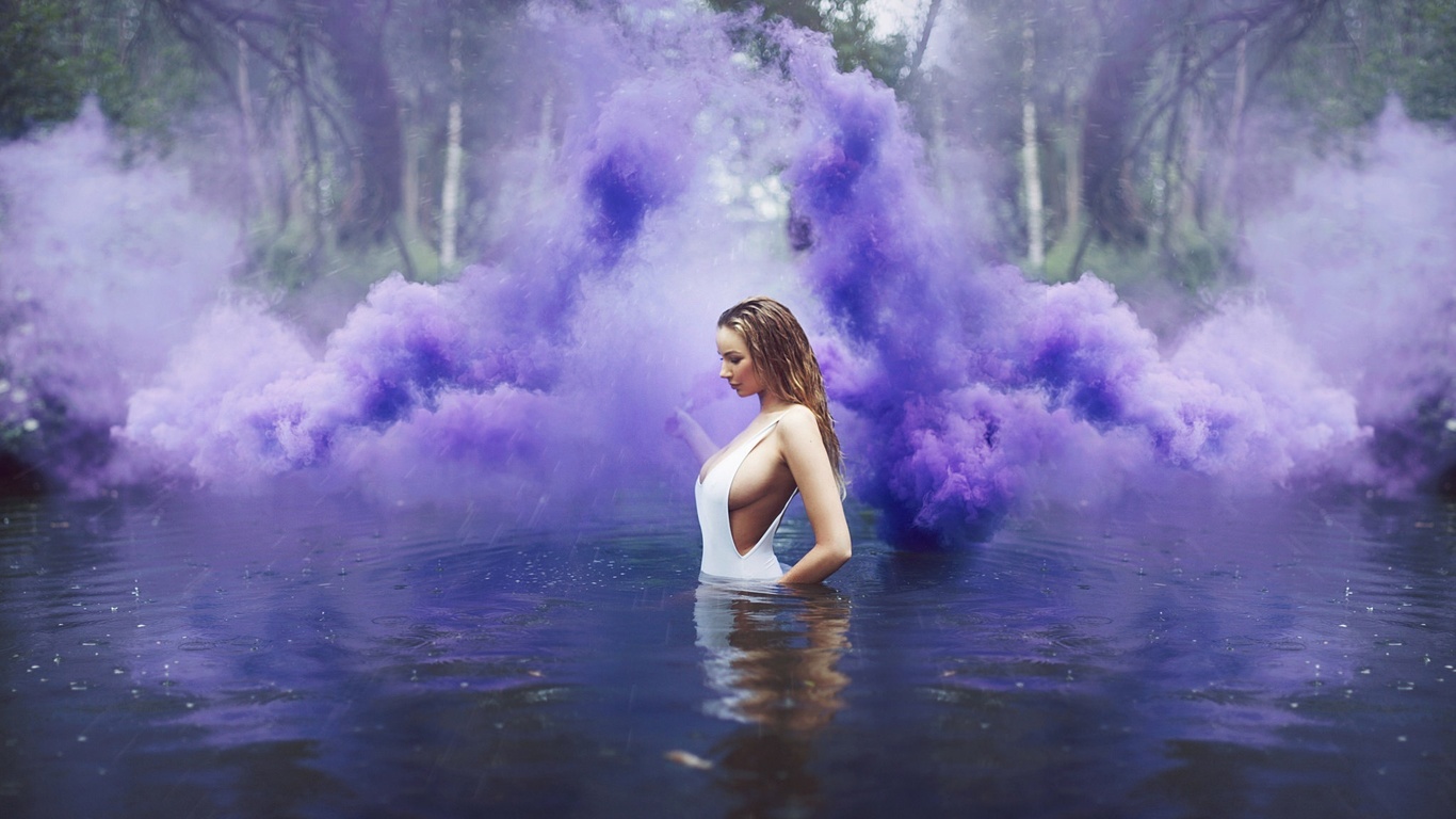 rain, pond, smoke, purple, girl