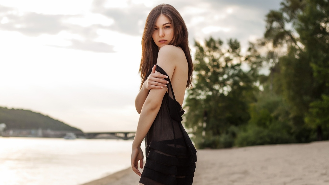 women, portrait, depth of field, black dress, see-through clothing, women outdoors, sand, wom