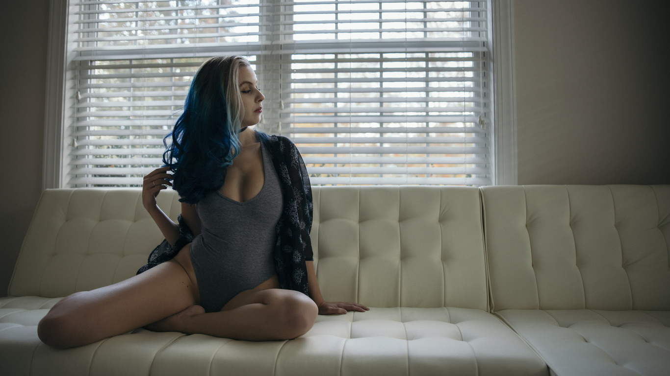 women, couch, sitting, dyed hair, brunette, leotard, looking away