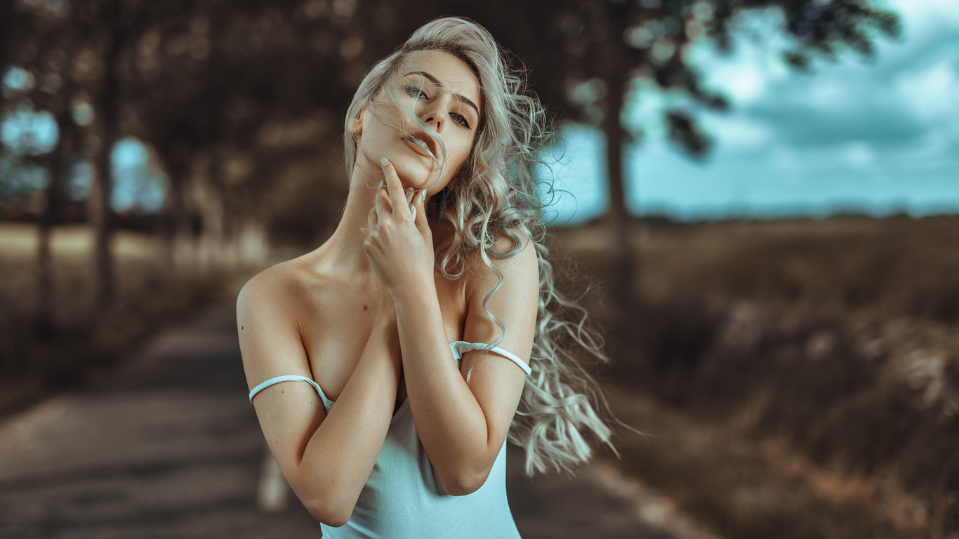 women, portrait, blonde, depth of field, road, trees, emilie michaelsen