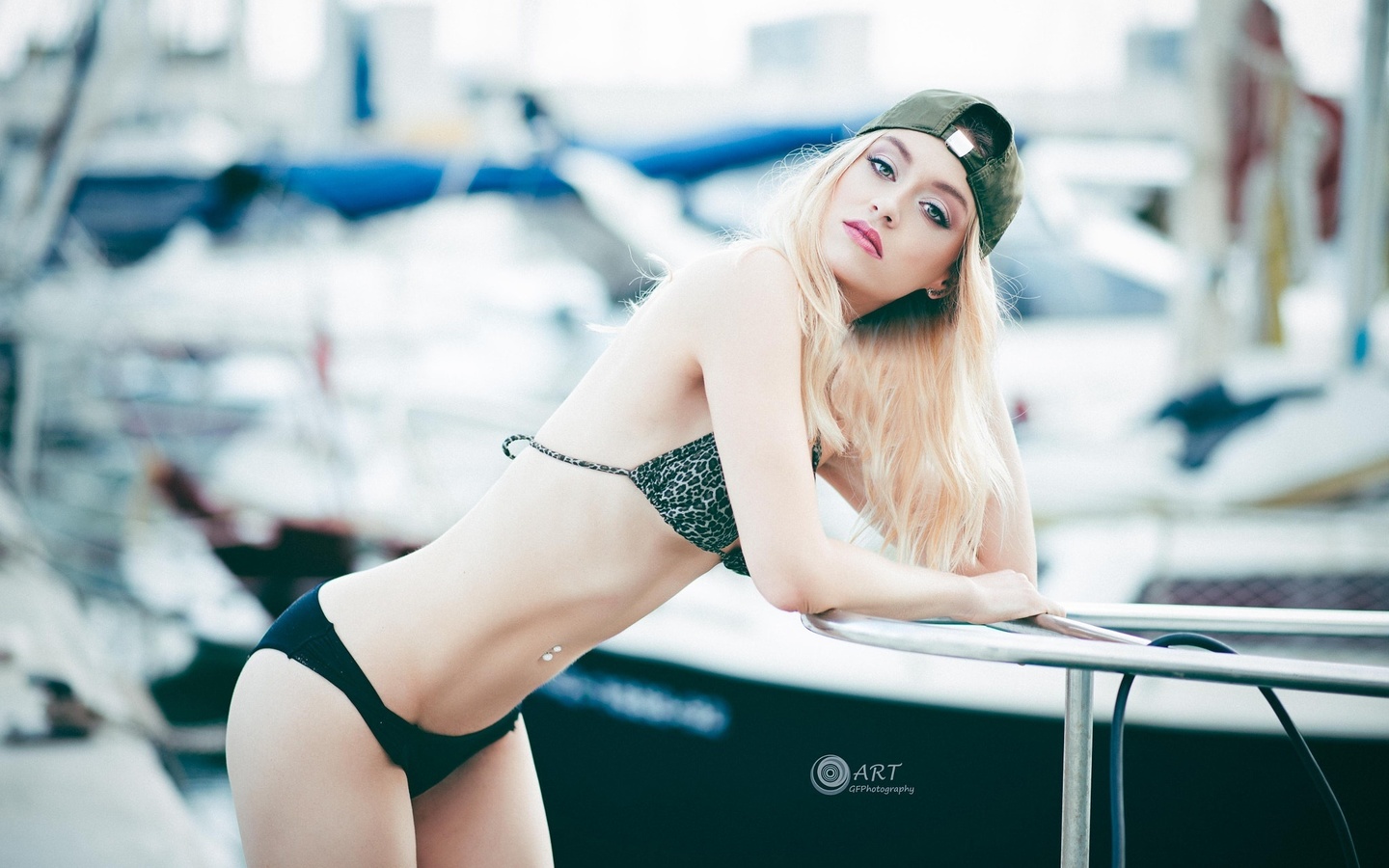 women, blonde, swimwear, pierced navel, belly, baseball caps, depth of field, , , ,  , , 