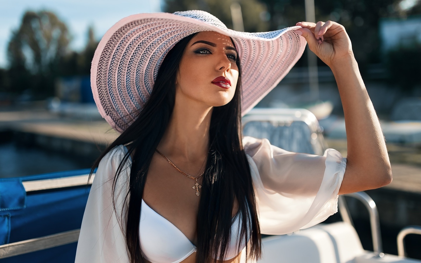 women, hat, black hair, white bra, portrait, looking away, depth of field, women outdoors, red lipstick, necklace, , ,  ,  , ,   ,   ,  , 