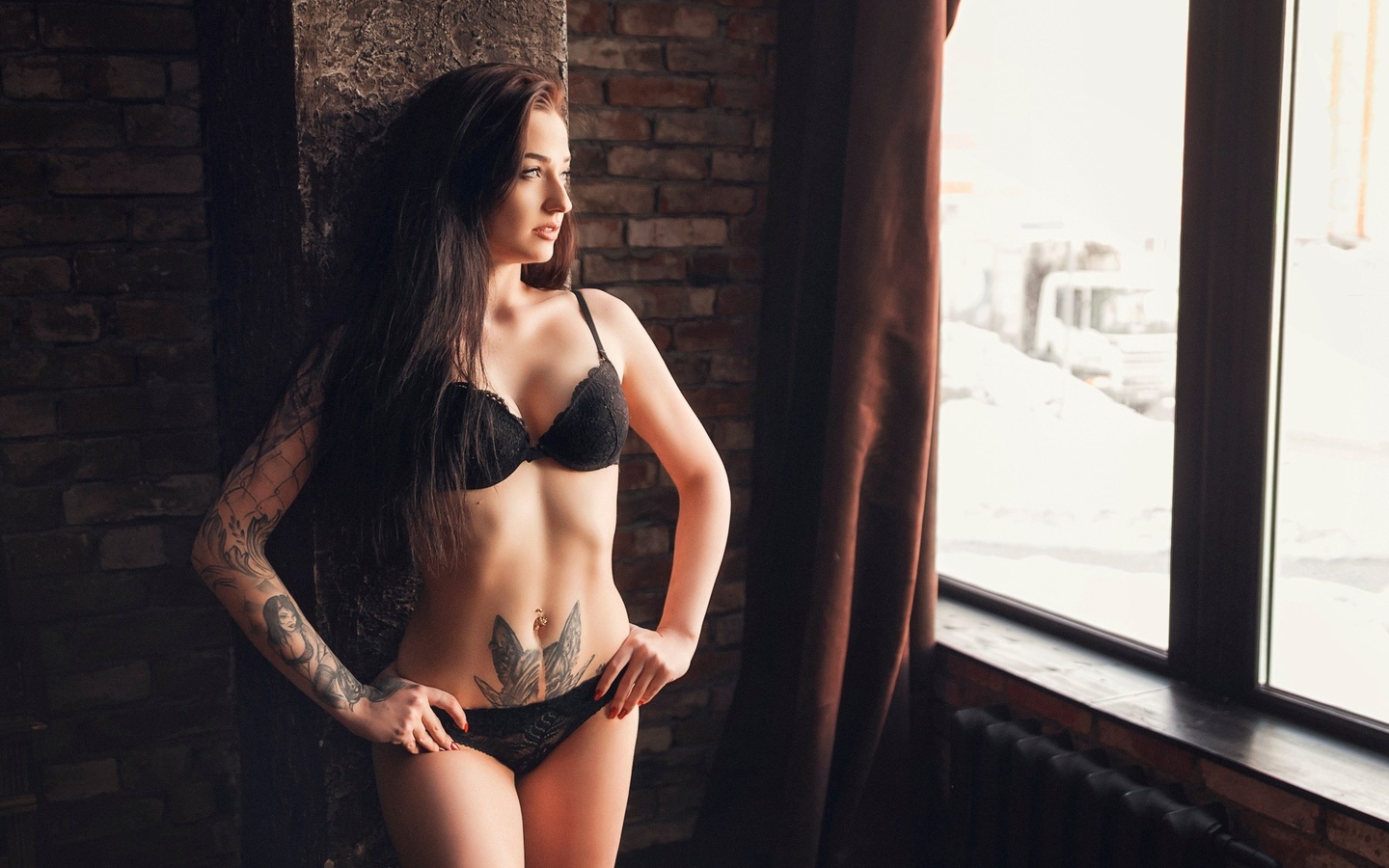 women, black lingerie, belly, window, tattoo, looking away, pierced navel, brunette, red nails, hips, hands on hips, long hair, ,  , , , ,   ,  , ,  , ,   