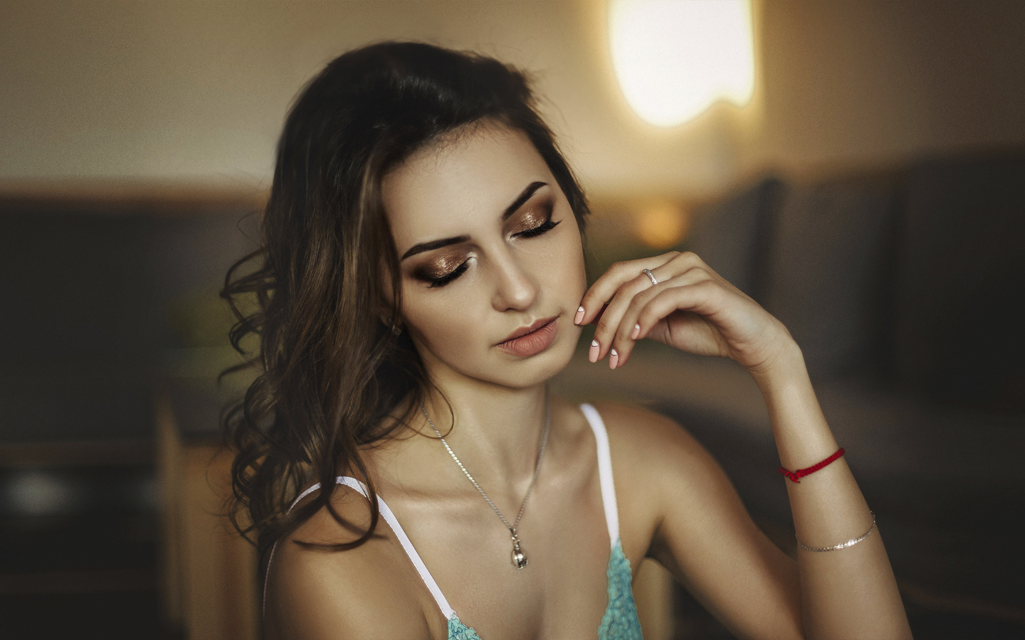 women, blonde, portrait, lingerie, face, closed eyes, depth of field, necklace, brunette, , ,  , ,  , 