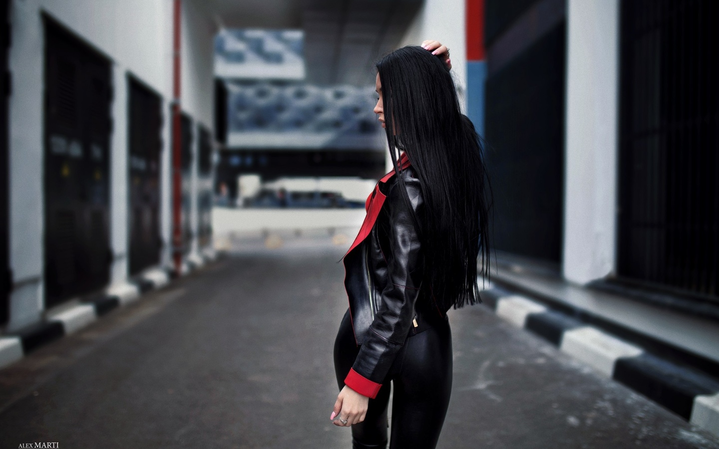 women, leather leggings, leather jackets, portrait, women outdoors, back, depth of field, , , , , ,   ,   