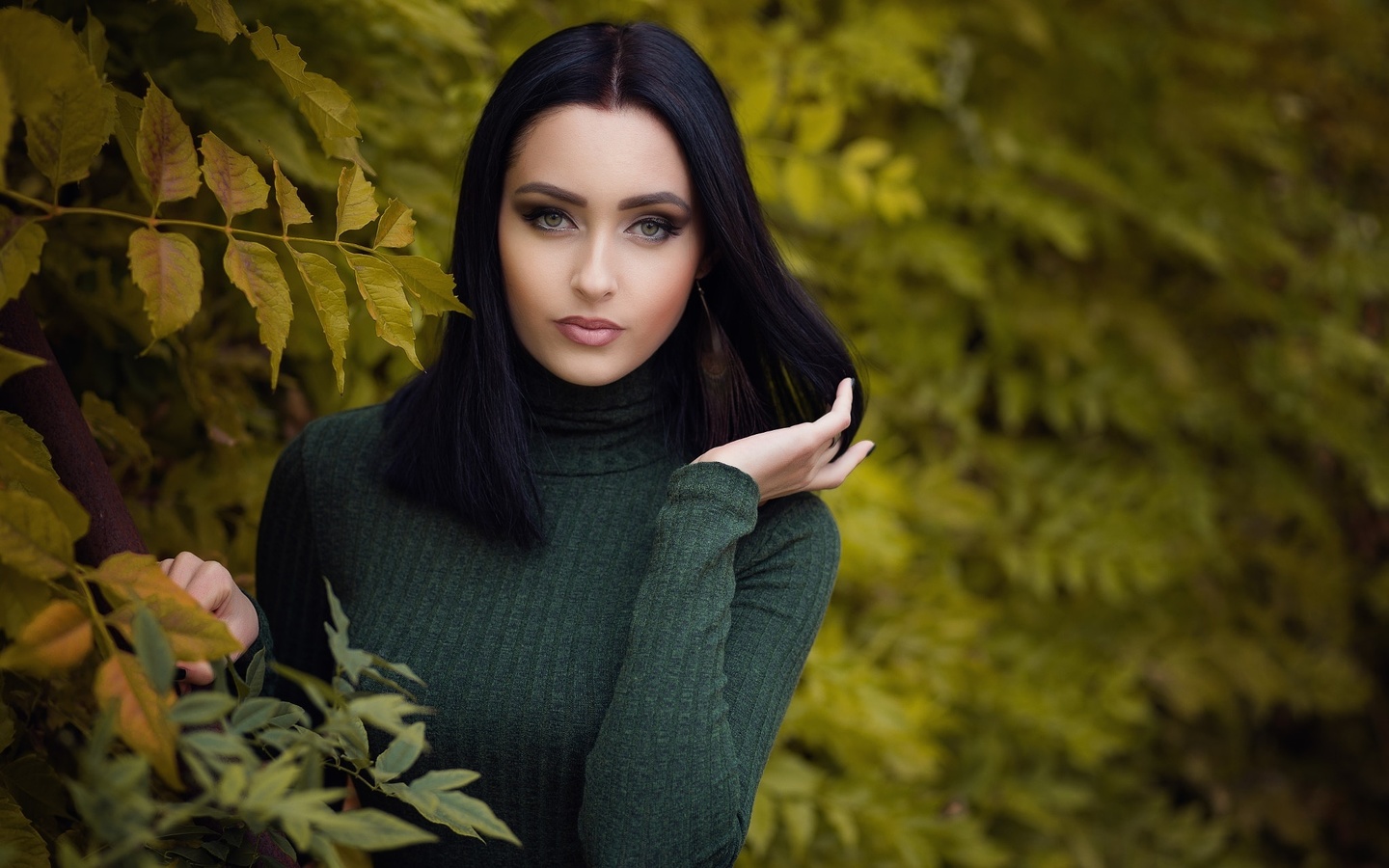 women, portrait, face, women outdoors, depth of field, leaves, , , , , 