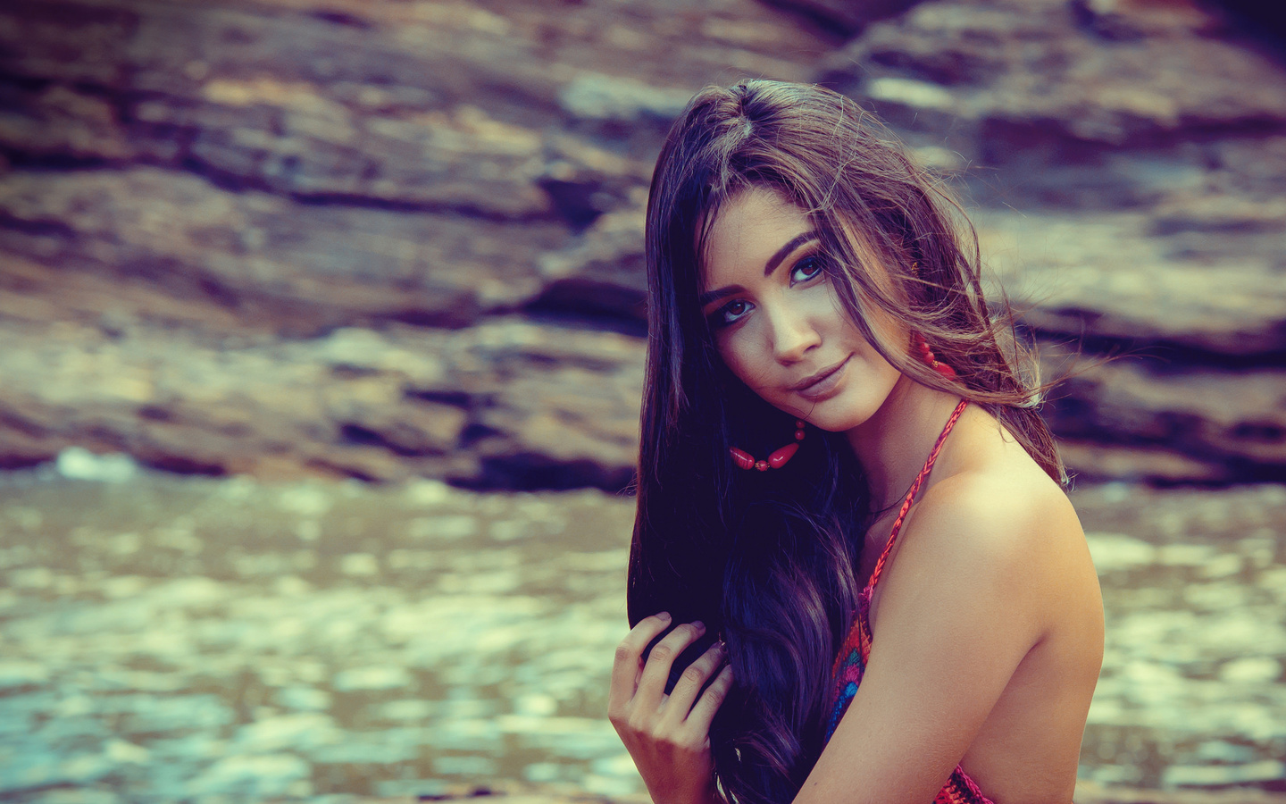 women, portrait, tanned, one-piece swimsuit, river, depth of field, smiling, , brunette, smile