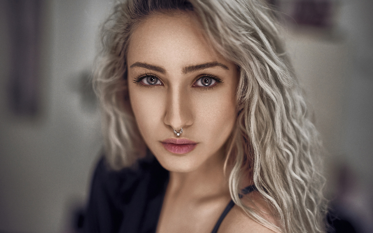 women, blonde, portrait, face, depth of field, nose rings