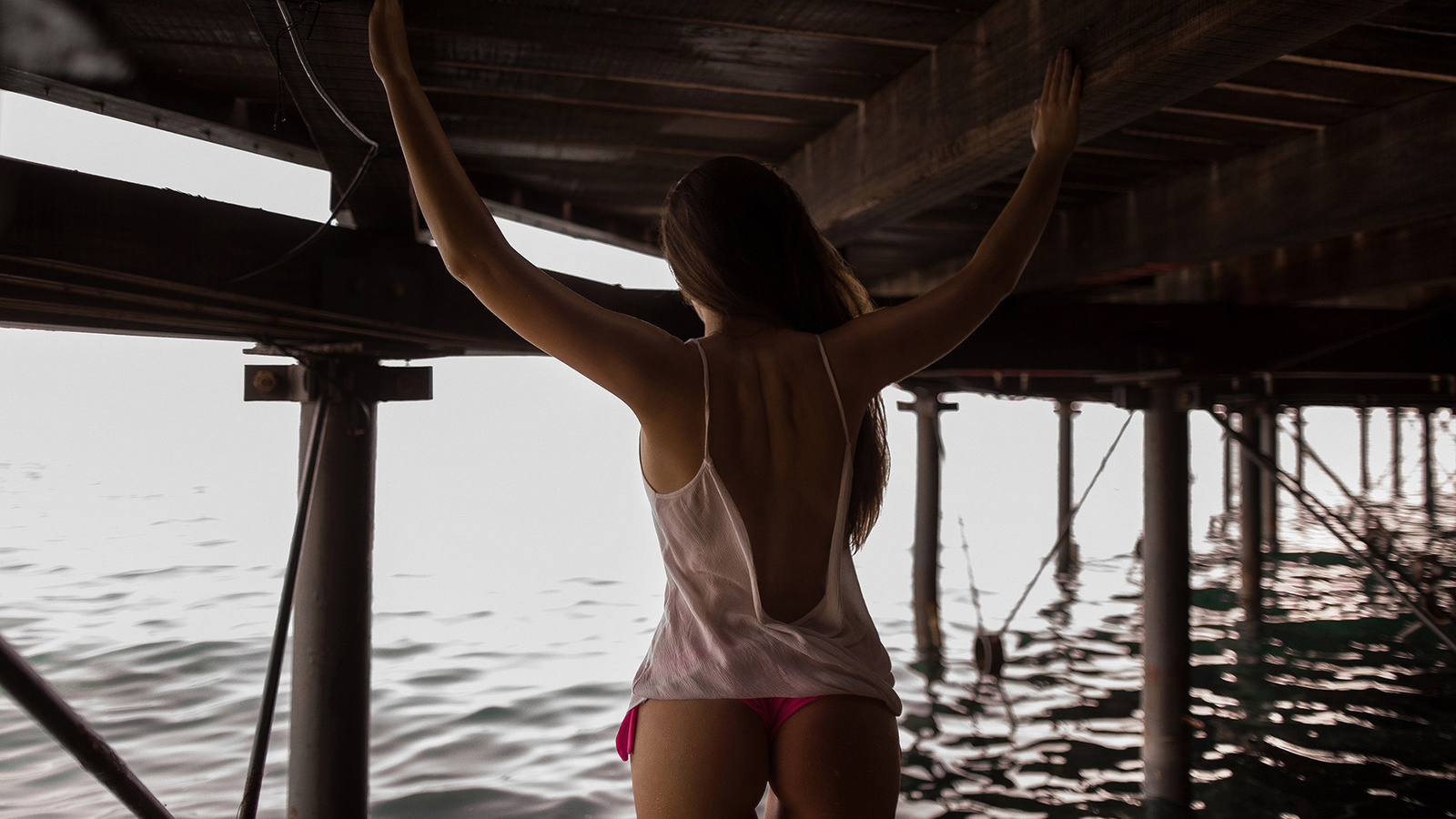 women, back, brunette, ass, sea, bikini, the gap, arms up, depth of field, , , , , , , ,  