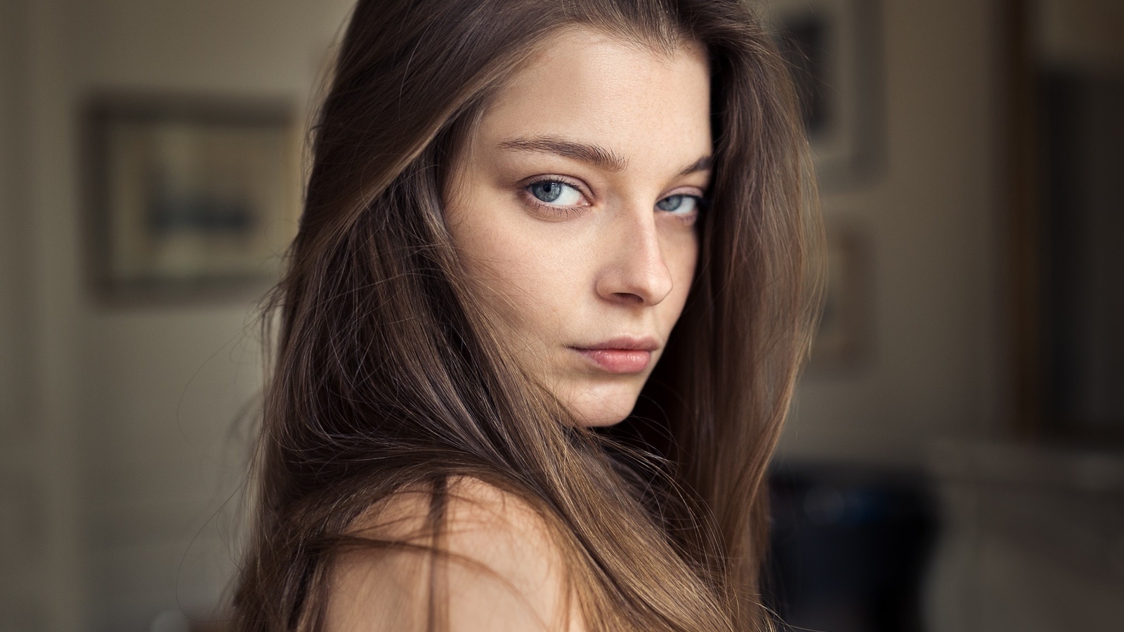 women, portrait, depth of field, face, gray eyes, , brunette, lips, , , , ,  , , 