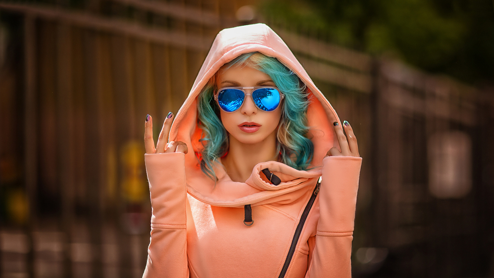 ekaterina enokaeva, portrait, women, painted nails, dyed hair, sunglasses, depth of field, hoods, sweater