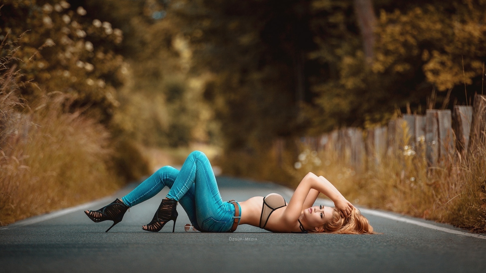 women, redhead, bra, women outdoors, jeans, road, trees, depth of field, high heels, hands in hair, side view, lying on back, , , 