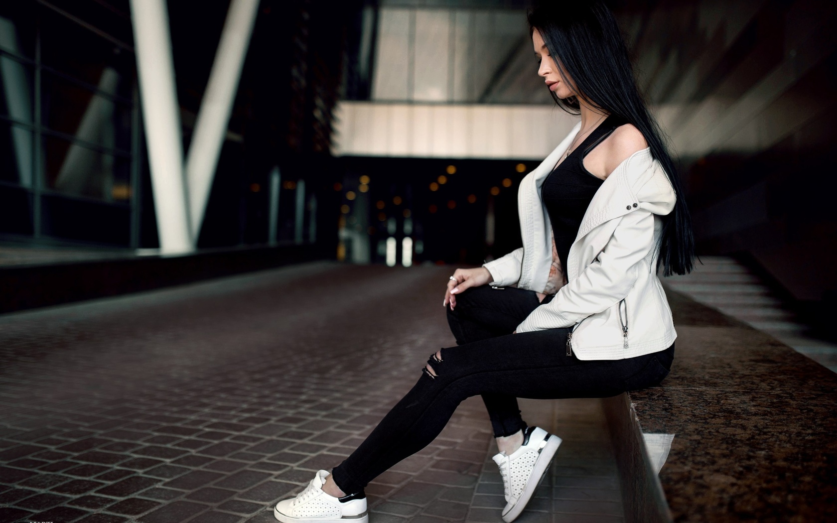 women, portrait, sitting, brunette, black hair, sneakers, t-shirt, depth of field, sweater, pants, black clothing, , , , ,  , , , ,  