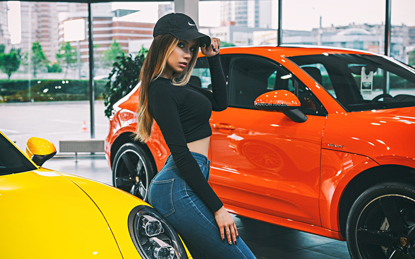 women, fotoshi toshi aka anton harisov, anton harisov, baseball caps, car, portrait, blonde, pants, jeans, , , , , , , ,   , maria vasilieva