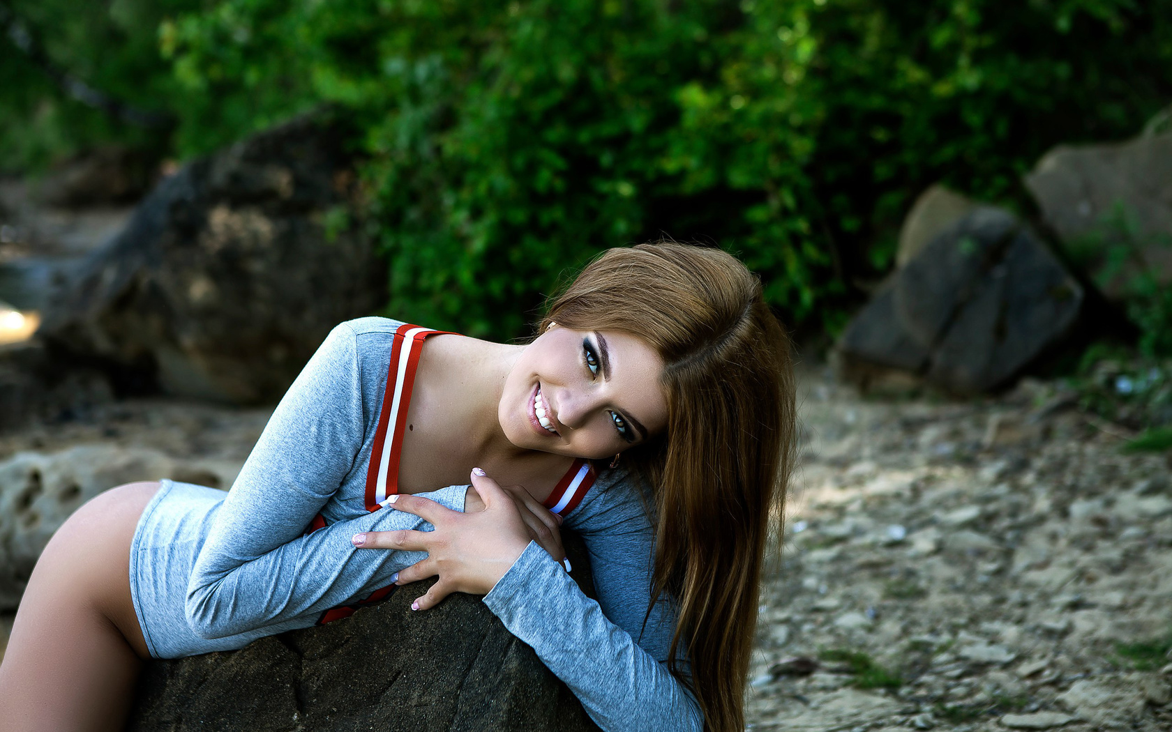 women, smiling, rocks, women outdoors, leotard, brunette, depth of field, , , ,   , , 