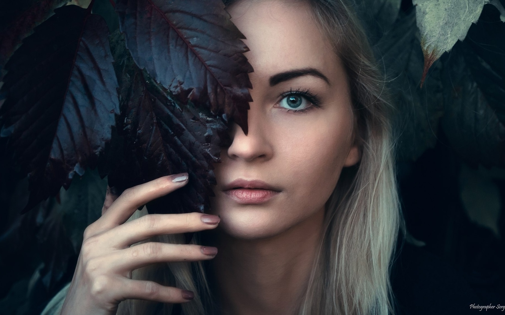 women, leaves, blonde, face, portrait, green eyes